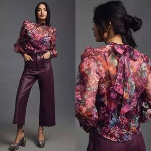 Anthropology Floral Sheer Blouse with Bow Tie organza L